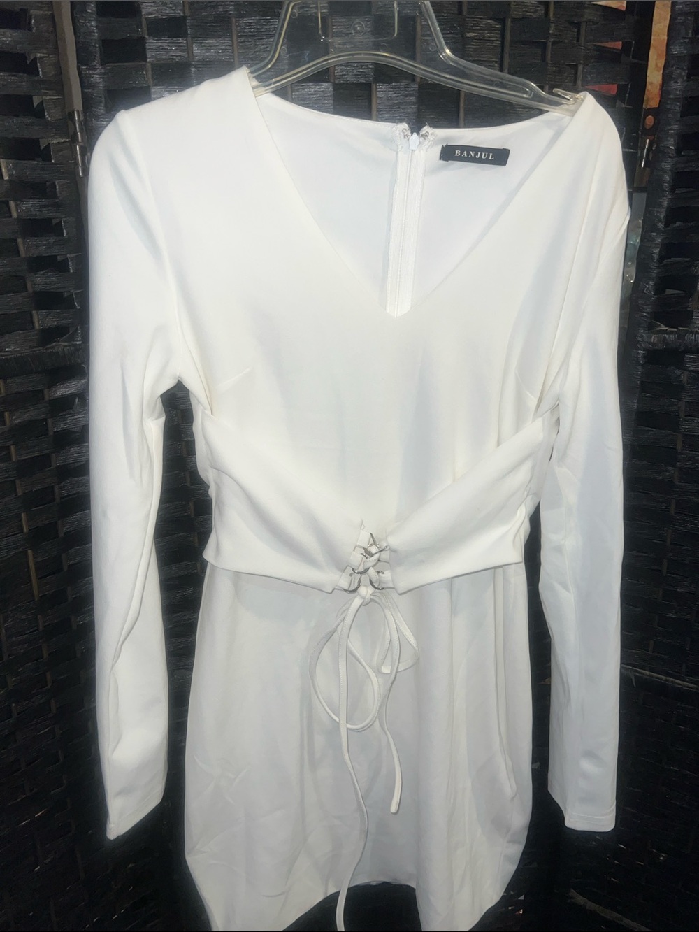 Banjul Ivory V-Neck Lace-Up Waist Mini Dress corset tie belt attached